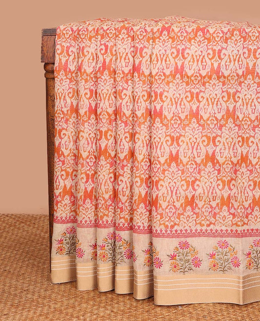 Red paisleys printed chanderi cotton saree, contrast traditional motifs border with floral thread embroidery, and intricate pallu