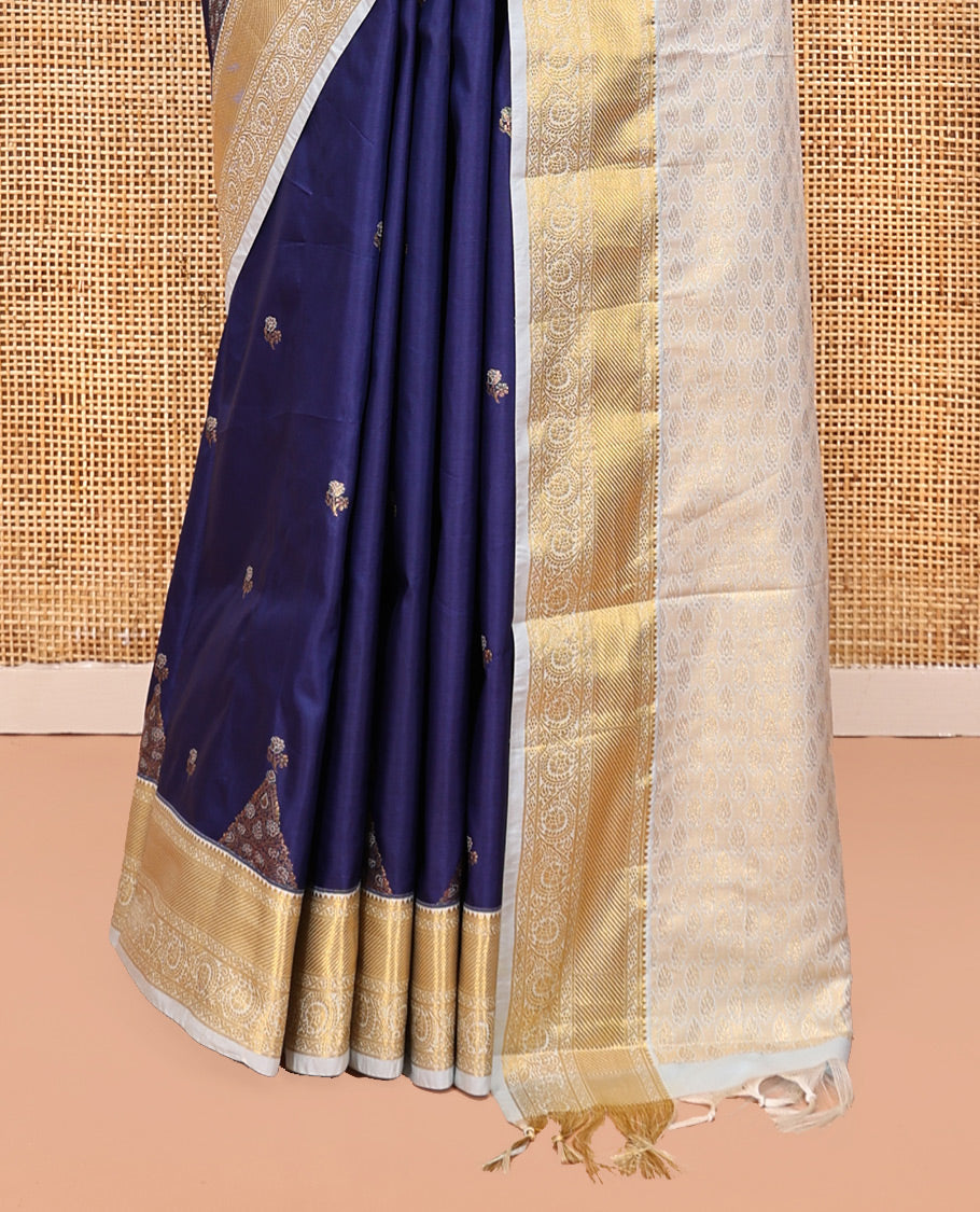 Sky Blue Budget Silk Saree, Embellished with Floral Zari Buttas, a Contrast Traditional Zari Border, Grand Pallu, and a Contrast Blouse