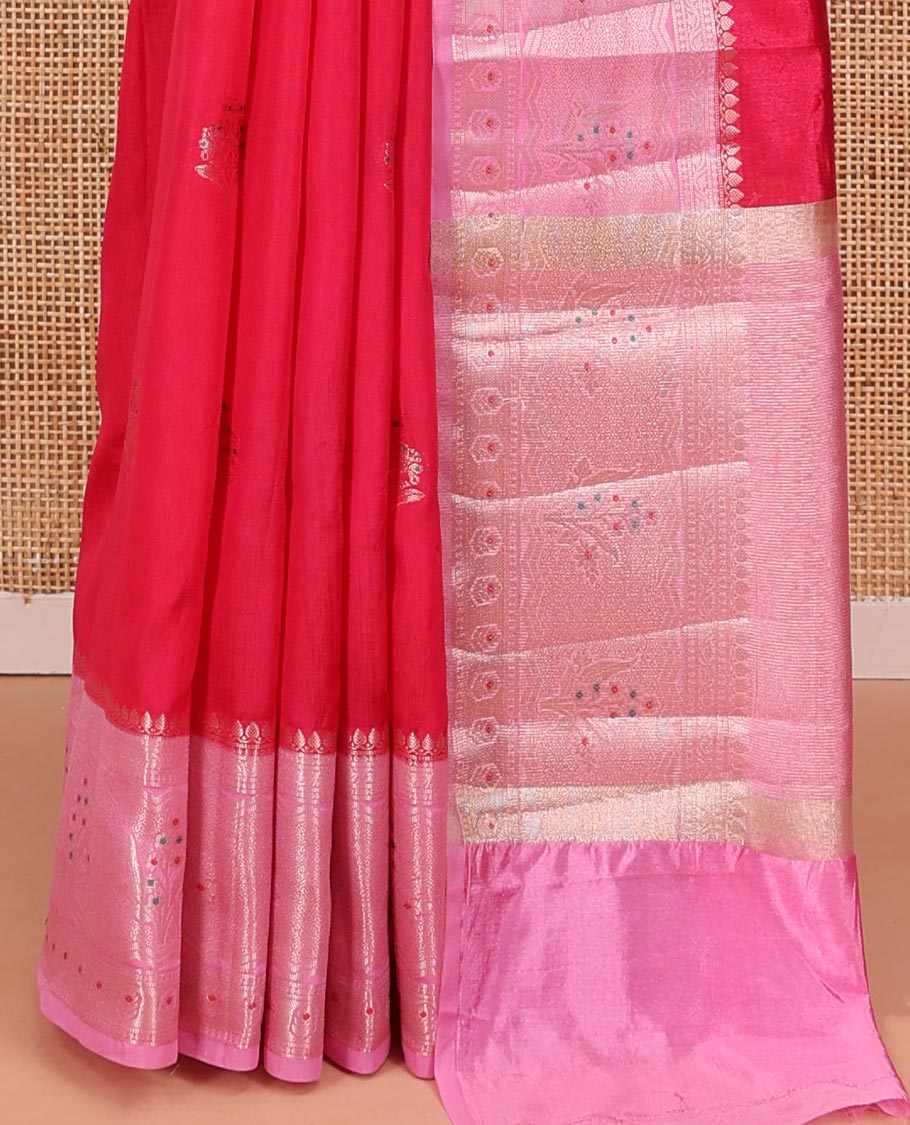Rani Pink Green-Mango-Silk Saree, Bedecked with Floral Zari Buttas All Over Its Body, Complemented by a Contrast Meenakari Zari Floral Design Border, Grand Pallu, and Paired with a Contrast Blouse