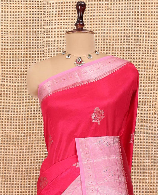 Rani Pink Green-Mango-Silk Saree, Bedecked with Floral Zari Buttas All Over Its Body, Complemented by a Contrast Meenakari Zari Floral Design Border, Grand Pallu, and Paired with a Contrast Blouse
