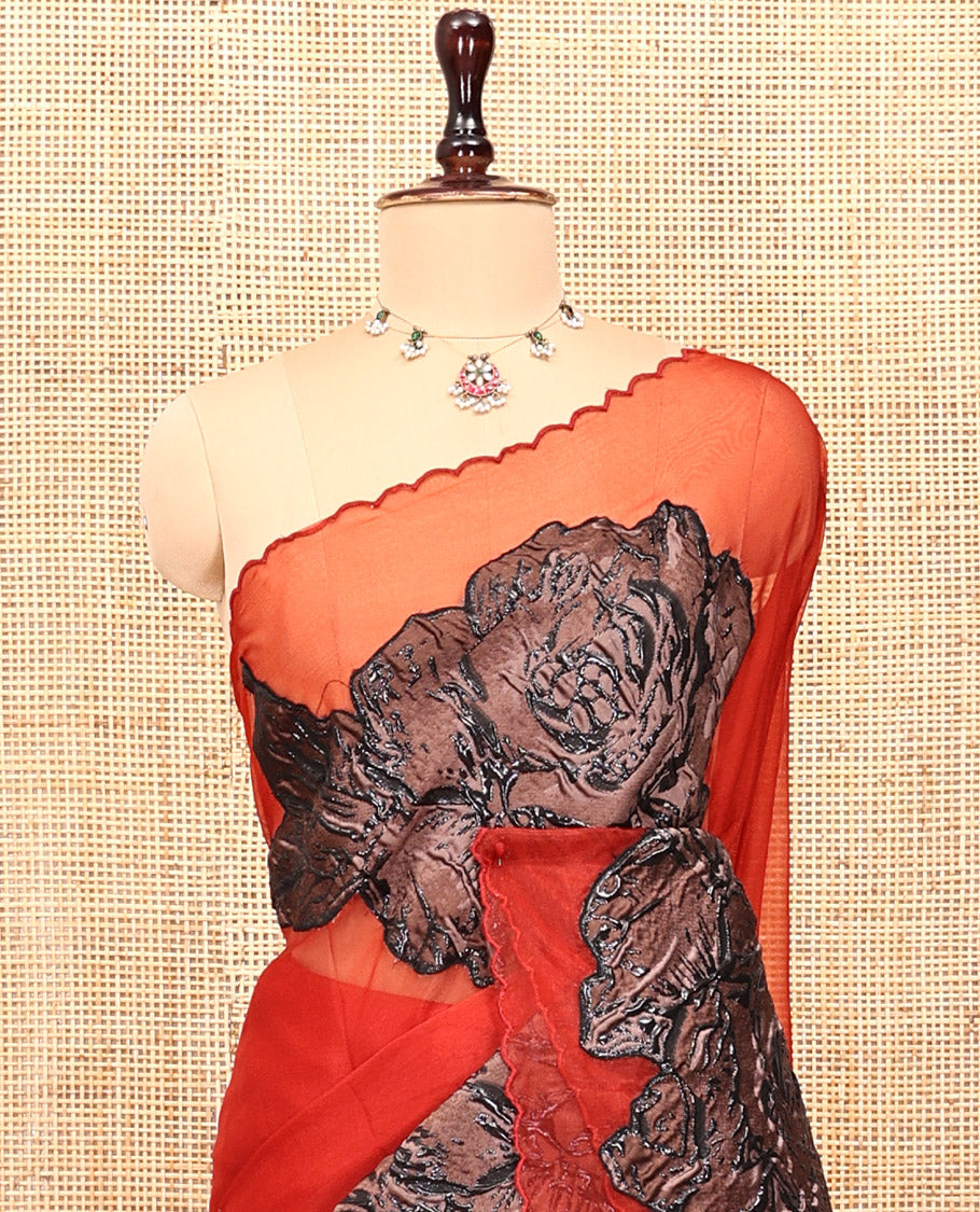 Red Turkey Organza Saree, Rose Floral Applique Embroidery, Scallop Border, Matching Blouse