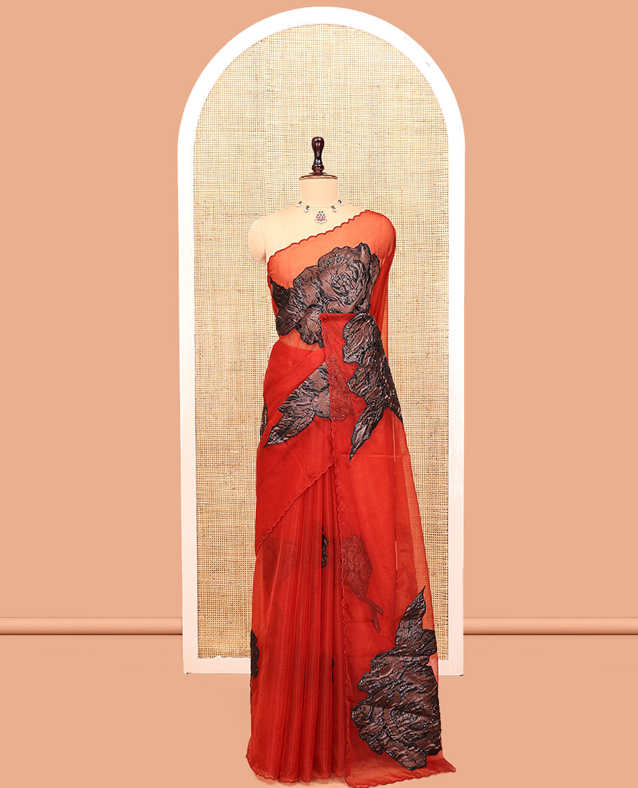 Red Turkey Organza Saree, Rose Floral Applique Embroidery, Scallop Border, Matching Blouse