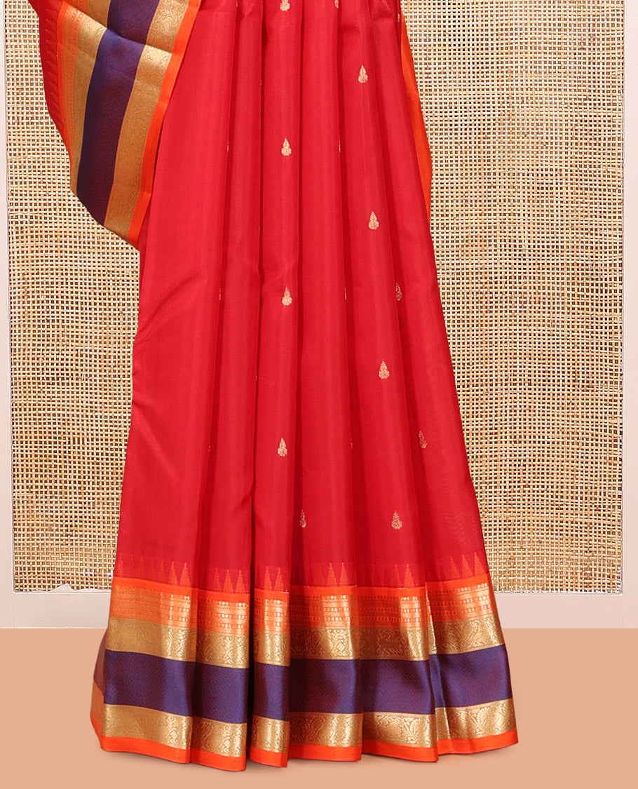 Tomato Red Buttas Vasundhara Lite Silk Mix Saree, Contrast Rettai Pettu Border, Jaal Pallu, Contrast Blouse