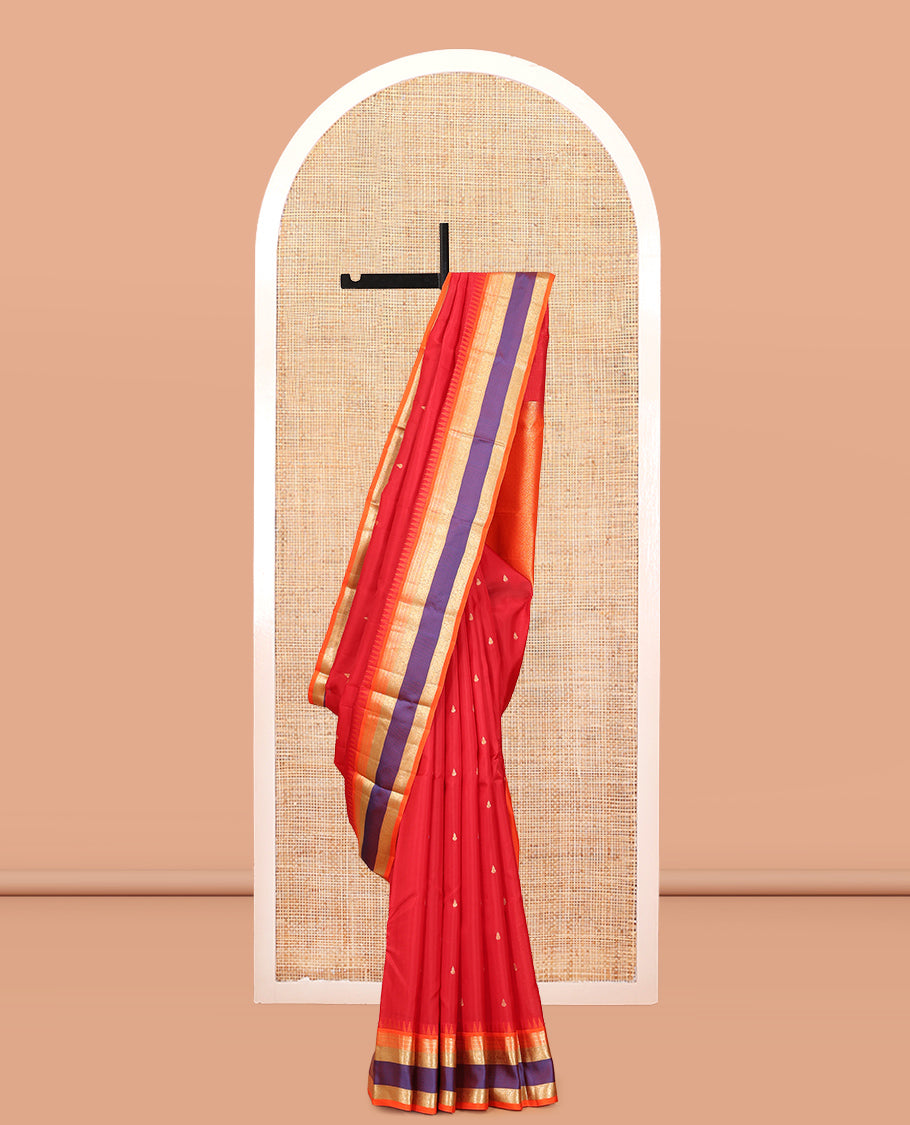 Tomato Red Buttas Vasundhara Lite Silk Mix Saree, Contrast Rettai Pettu Border, Jaal Pallu, Contrast Blouse