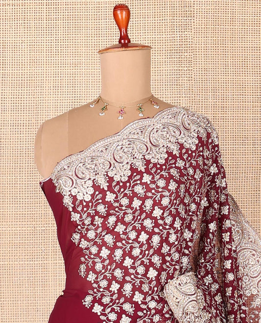 Maroon half-&-half-style floral vine thread embroidered designer saree, scallop embroidered border