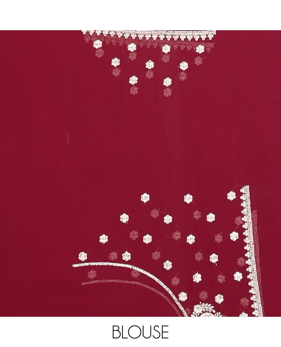 Maroon half-&-half-style floral vine thread embroidered designer saree, scallop embroidered border