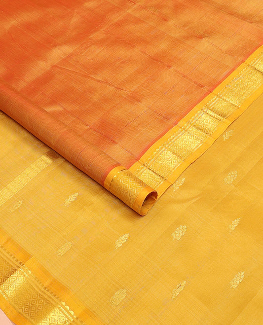 Orange zari buttas kanchipuram silksaree, contrast one-sided border of rekku,banaras & mayil kann designs & zari design pallu