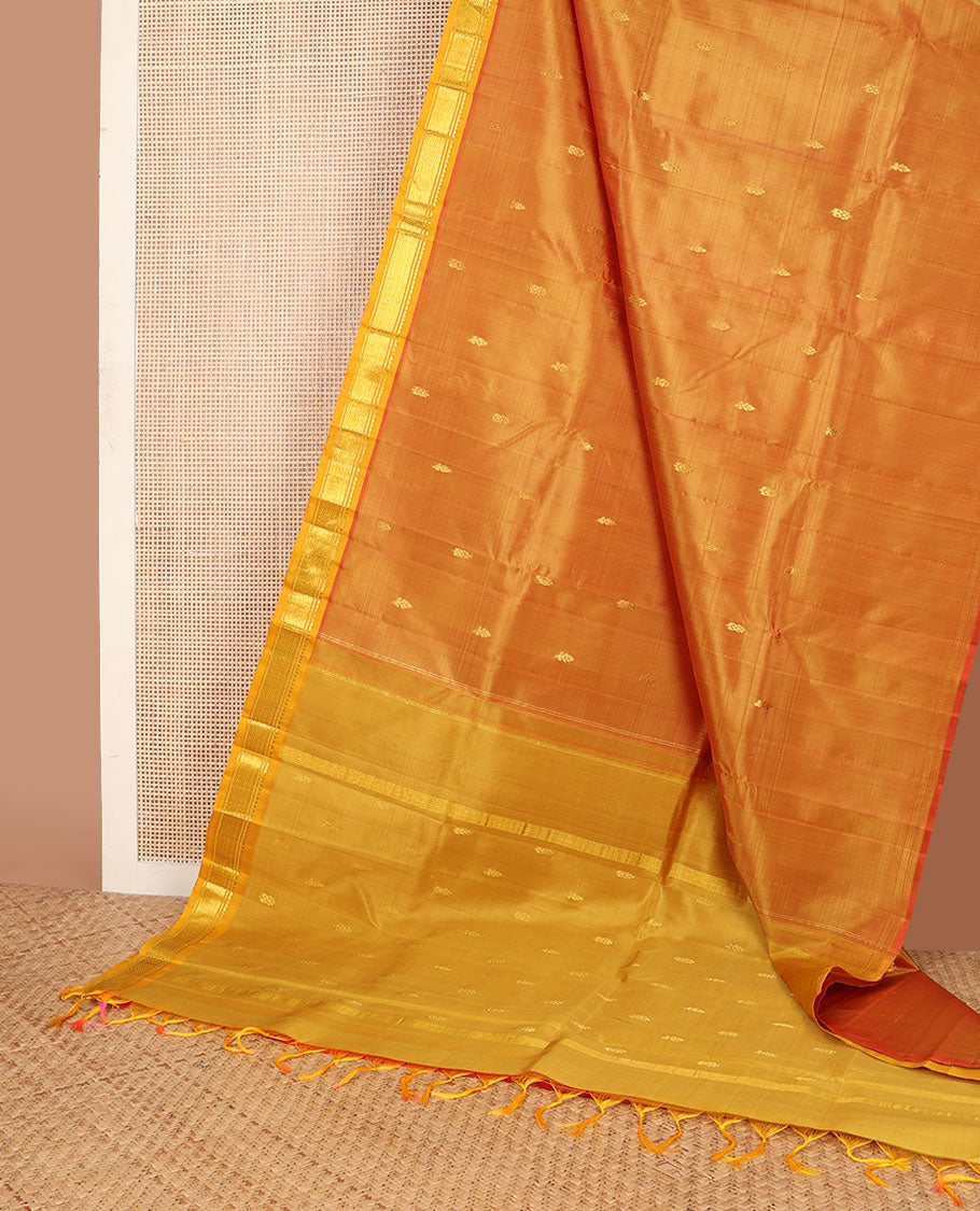 Orange zari buttas kanchipuram silksaree, contrast one-sided border of rekku,banaras & mayil kann designs & zari design pallu