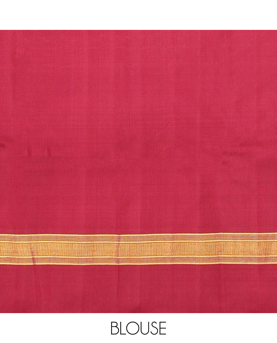 Yellow micro-checked kanchipuram silk saree, contrast thazampoo rekku striped border & pallu of stripes & pillaiyar mokku designs