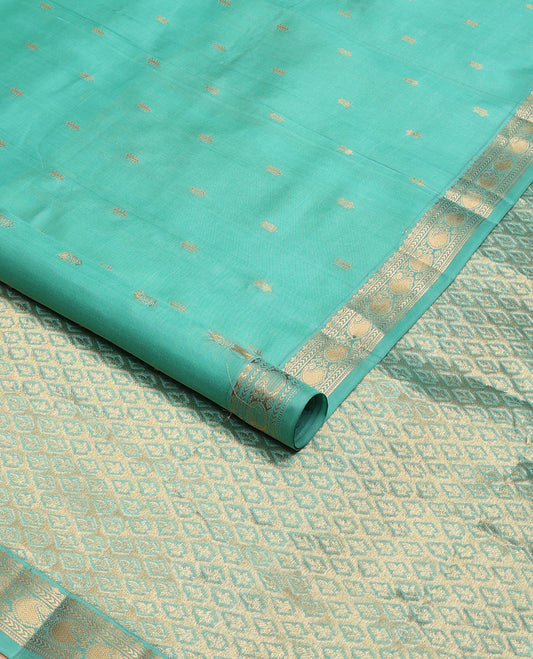 Blue zari buttas Kanchipuram silk saree, jaal pallu & border of kathir, muthu, banaras & kuyil kann manga