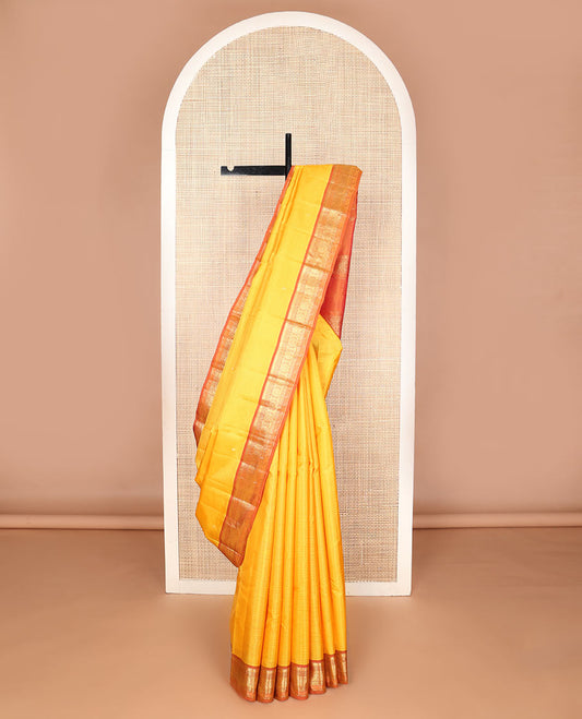 Yellow vazhaipoo striped & zari buttas silk saree, contrast border of manga mokku,muthu,chakram, jada nagam & kili & zari design pallu