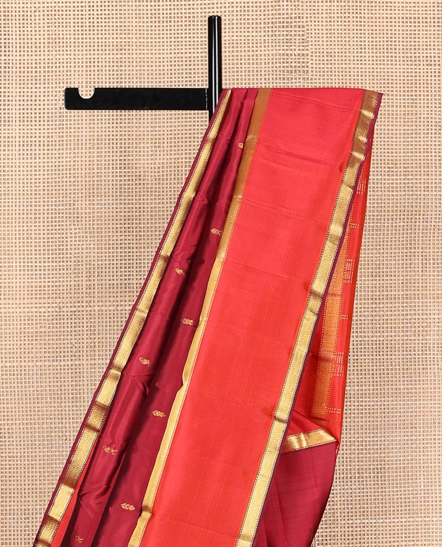 Maroon zari buttas Kanchipuram silk saree,  contrast rettai pettu zari border of muthu designs, and zari design pallu