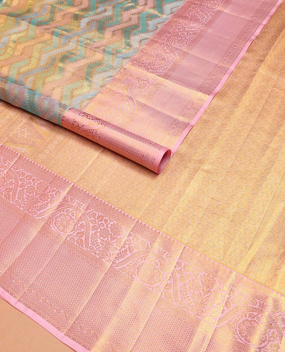 Blue Kanchipuram Tissue Silk Saree, Richly Detailed with Jacquard Design on Its Body, Complemented by a Contrast Border of Traditional Designs in Zari, Pallu Steeped with Poun Designs, and Paired with a Contrast Blouse
