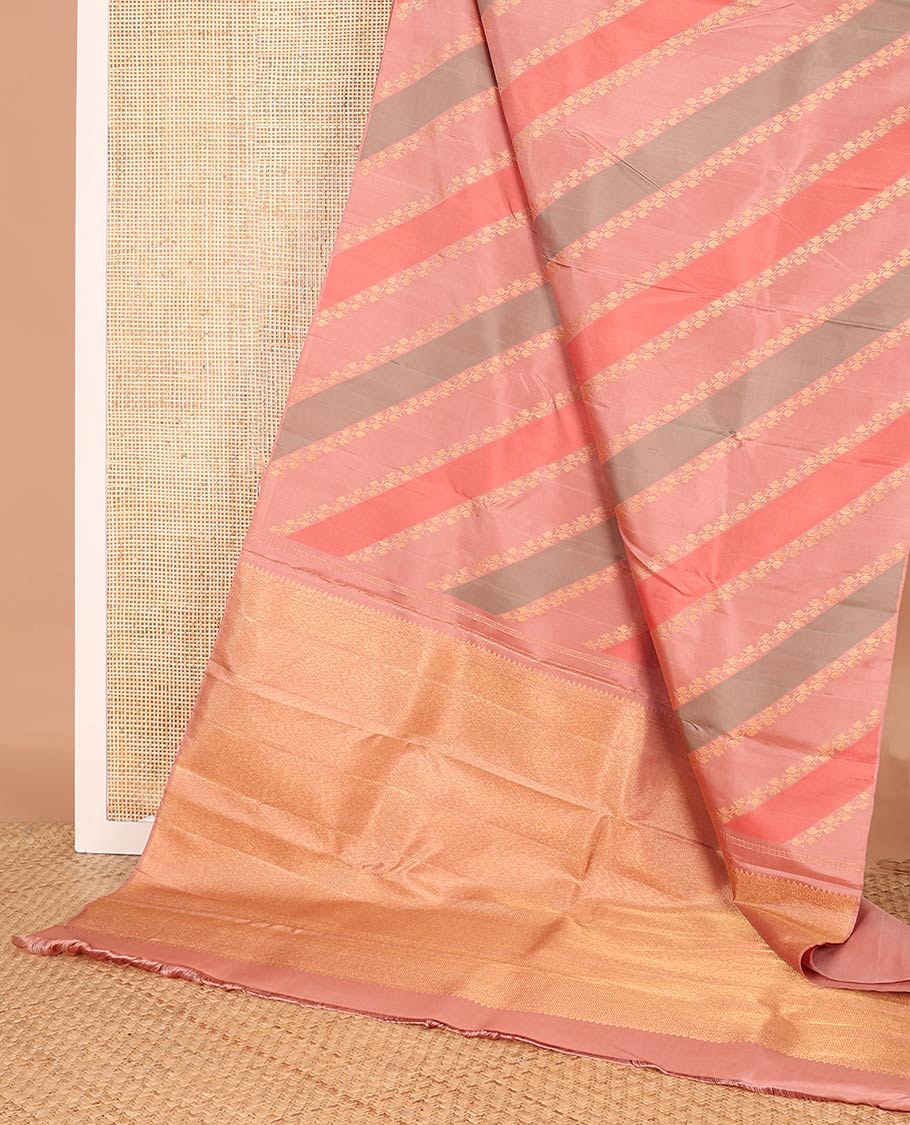 Brown zari buttas Kanchipuram designer saree, contrast vanasingari style border, and geometric patterned pallu