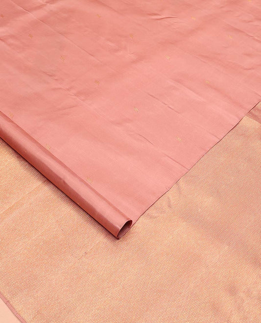 Brown zari buttas Kanchipuram designer saree, contrast vanasingari style border, and geometric patterned pallu