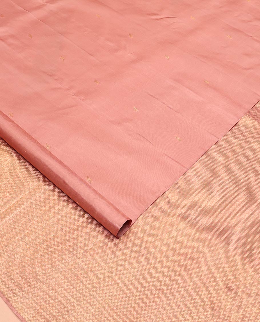 Brown zari buttas Kanchipuram designer saree, contrast vanasingari style border, and geometric patterned pallu