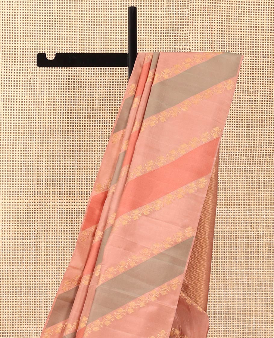 Brown zari buttas Kanchipuram designer saree, contrast vanasingari style border, and geometric patterned pallu