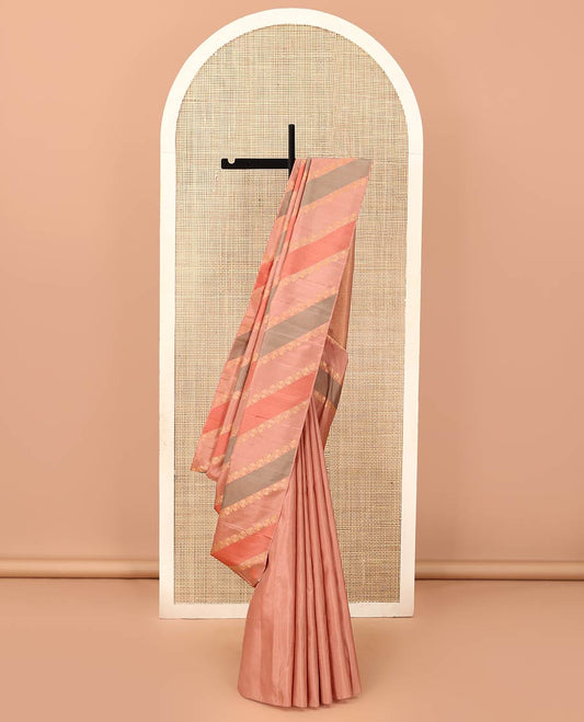 Brown zari buttas Kanchipuram designer saree, contrast vanasingari style border, and geometric patterned pallu