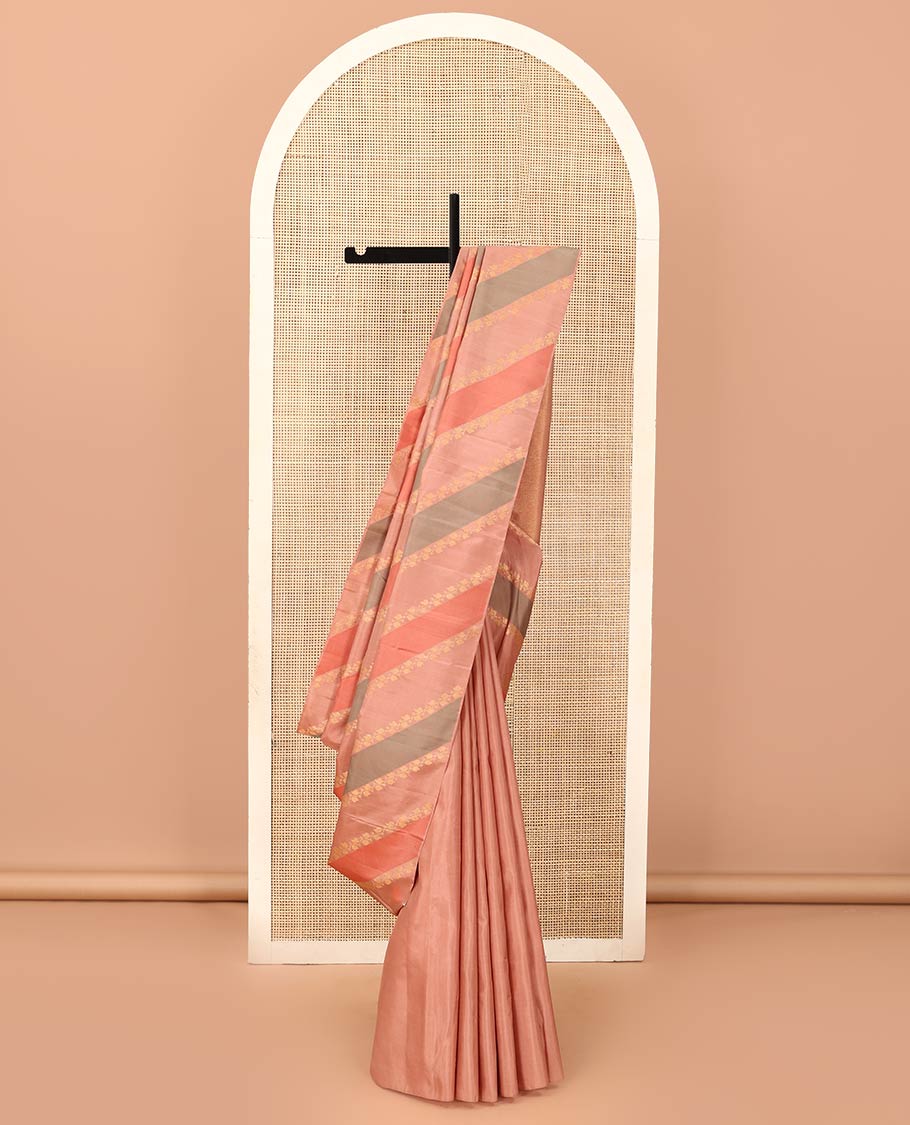 Brown zari buttas Kanchipuram designer saree, contrast vanasingari style border, and geometric patterned pallu