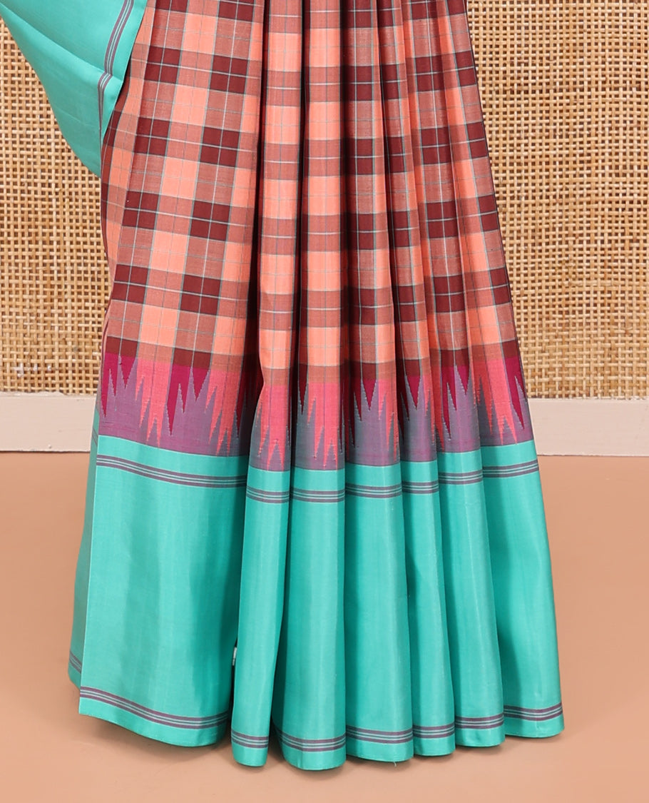 Multi-Color Palum Pazhamum Checked Kanchipuram Silk Saree,complemented by a Contrast Rettai Pettu Thazampoo Rekku Border, Pallu of Stripes, and Paired with a Contrast Blouse