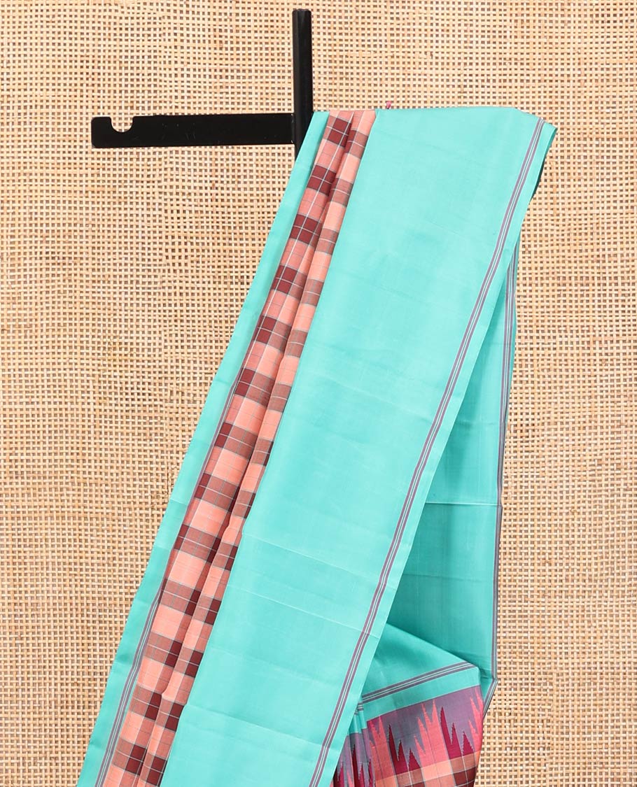 Multi-Color Palum Pazhamum Checked Kanchipuram Silk Saree,complemented by a Contrast Rettai Pettu Thazampoo Rekku Border, Pallu of Stripes, and Paired with a Contrast Blouse