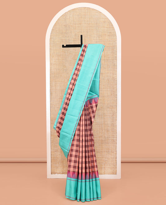 Multi-Color Palum Pazhamum Checked Kanchipuram Silk Saree,complemented by a Contrast Rettai Pettu Thazampoo Rekku Border, Pallu of Stripes, and Paired with a Contrast Blouse