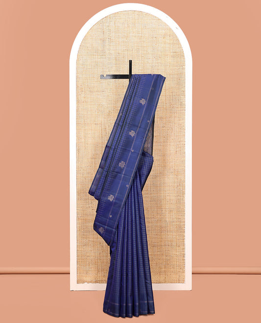 Blue Kanchipuram Silk Saree, Sparsely Sparkled with Checks, Self-Border of Zari Designs, Pallu of Intricate Design, and a Matching Blouse