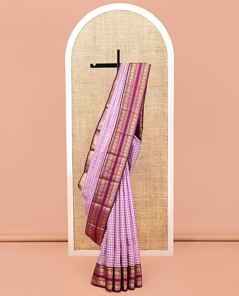Light Purple Checked Kanchipuram Silk Saree, a Contrast Korvai Border of Manga Mokku, Diamond, Mayil, Kamalam, and Poun Designs, Traditional Pallu, and a Contrast Blouse