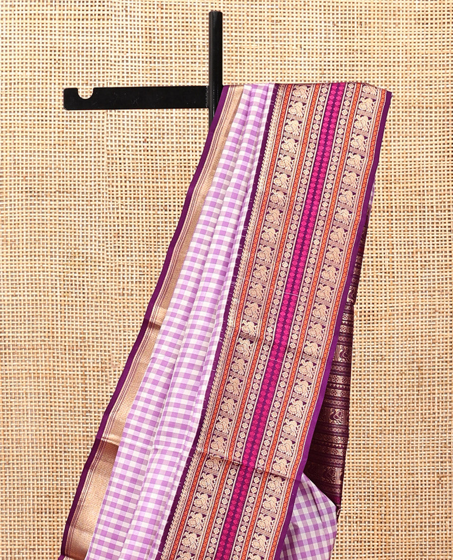 Light Purple Checked Kanchipuram Silk Saree, a Contrast Korvai Border of Manga Mokku, Diamond, Mayil, Kamalam, and Poun Designs, Traditional Pallu, and a Contrast Blouse