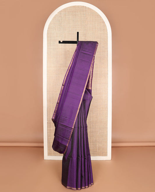 Purple zari micro-checked soft silk saree, piping zari border & pallu accentuated with natural scenery designs