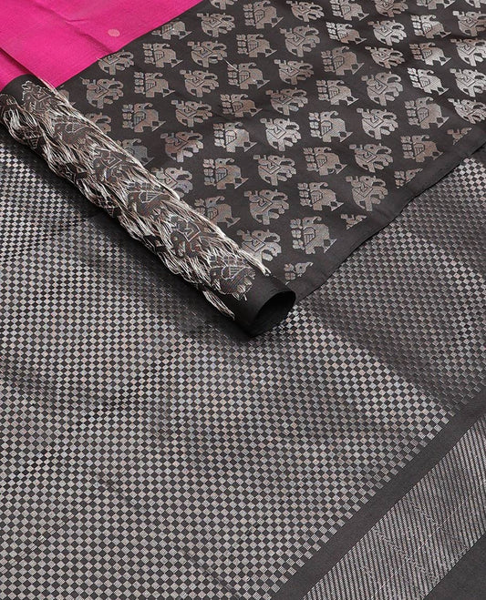 Purple zari buttas soft silk saree, contrast patola animal motif border, and pallu of zari checks