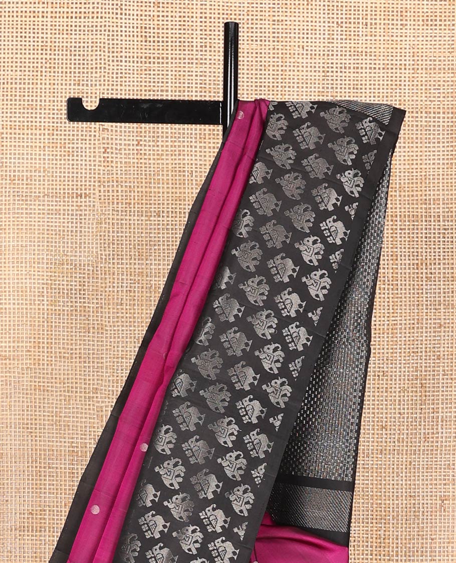 Purple zari buttas soft silk saree, contrast patola animal motif border, and pallu of zari checks