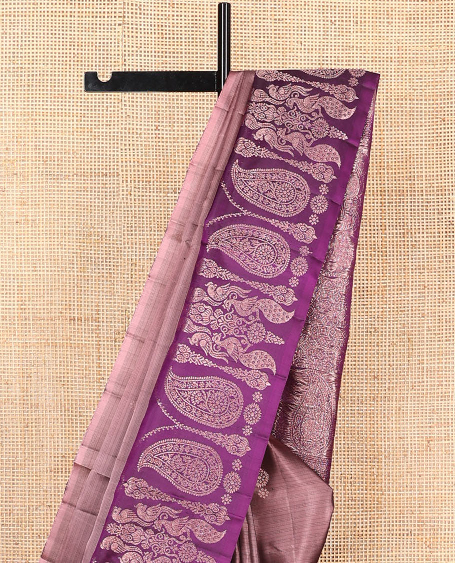 Brown buttas soft silk saree, contrast border of paisley and peacock designs, and pallu of intricate designs