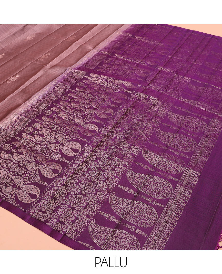 Brown buttas soft silk saree, contrast border of paisley and peacock designs, and pallu of intricate designs
