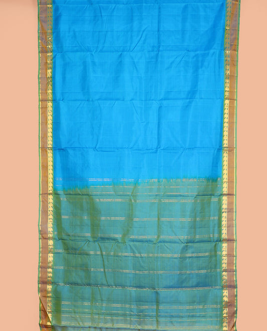 Azure blue vazhaipoo striped ten-yard silksaree,contrast rettai pettu border of kathir & kuyil kann manga design & zari striped pallu