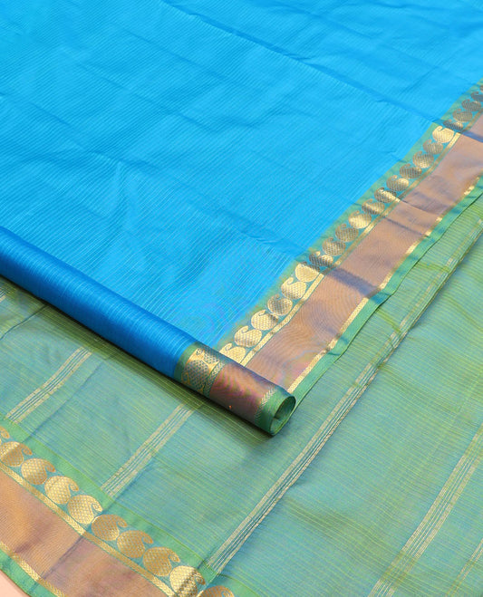 Azure blue vazhaipoo striped ten-yard silksaree,contrast rettai pettu border of kathir & kuyil kann manga design & zari striped pallu