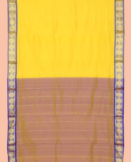 Yellow Plain Nine-Yard Saree, Complemented by a Contrast Rudraksham Border, Self-Pallu of Stripes, and No Blouse
