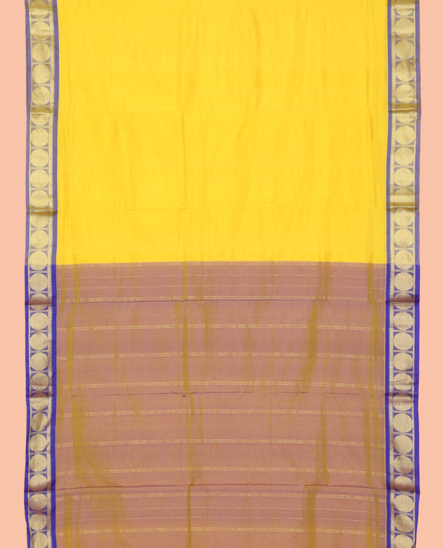 Yellow Plain Ten-Yard Saree, Complemented by a Contrast Rudraksham Border, Self-Pallu of Stripes, and No Blouse