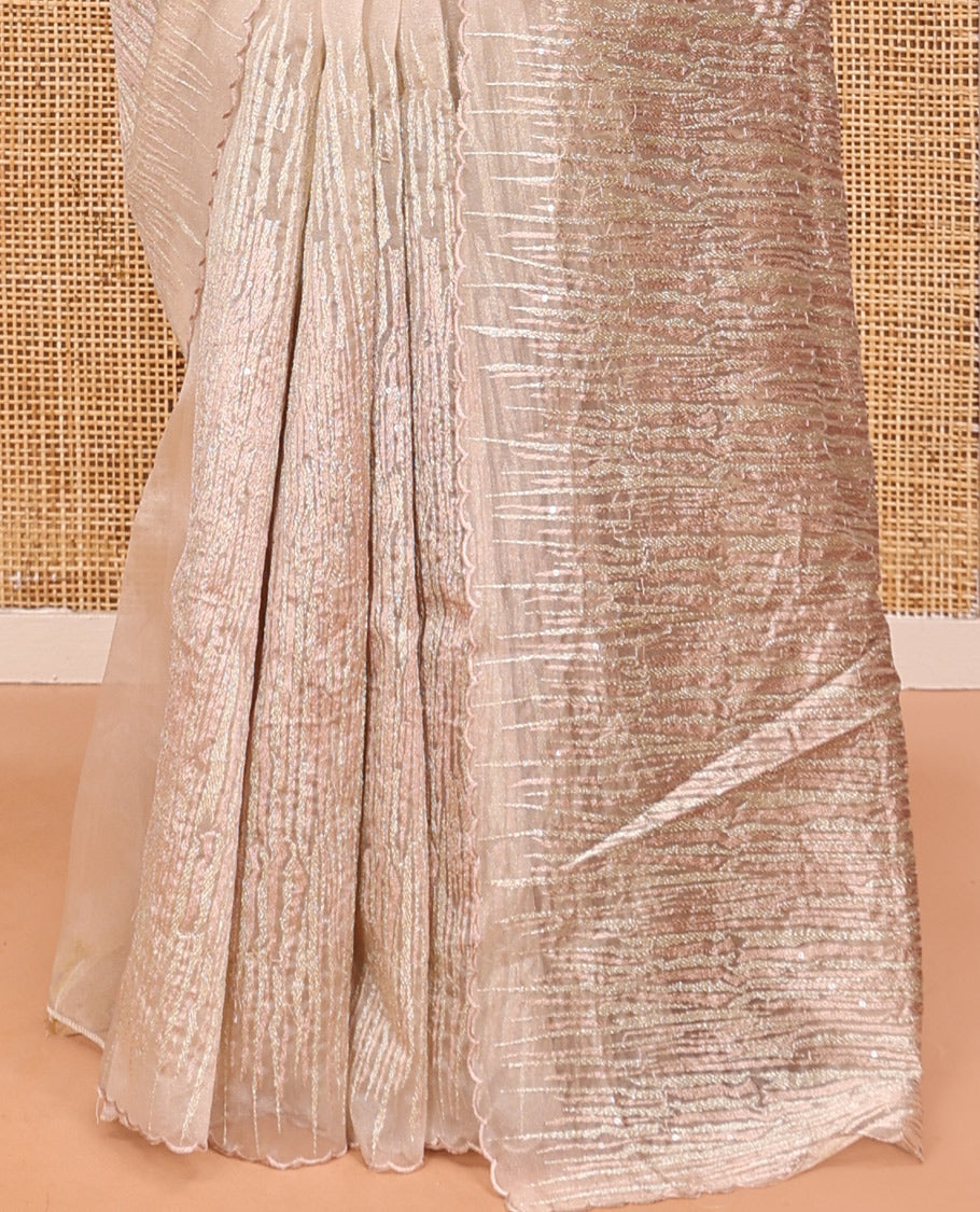 Champagne Organza Saree, Meticulously Crafted with Vine Embroidery, Scallop Embroidery Border, and a Matching Blouse