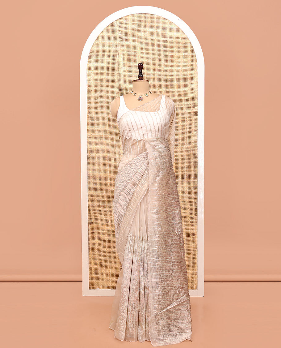 Champagne Organza Saree, Meticulously Crafted with Vine Embroidery, Scallop Embroidery Border, and a Matching Blouse