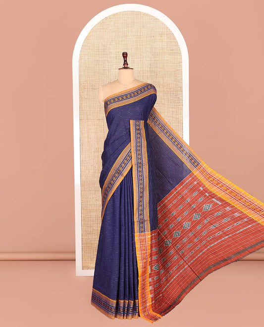 Blue Odisha Cotton Saree, Featuring Buttas on Its Body, Complemented by a Contrast Ikkat Weave Border, Pallu of Ikkat Weave, and Comes Without a Blouse