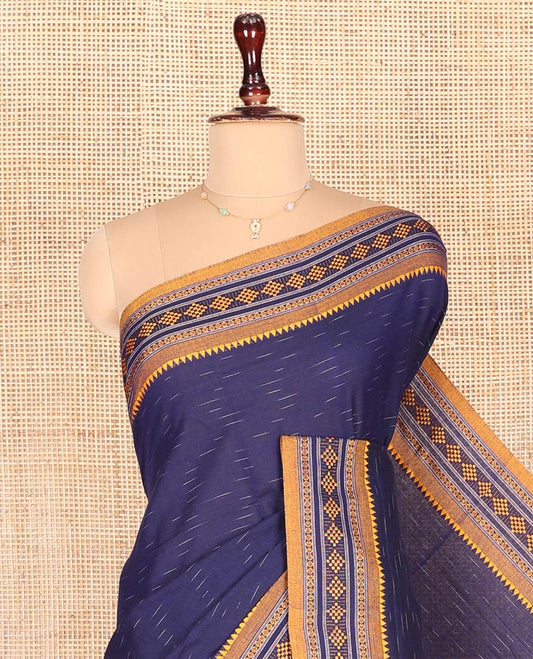 Blue Odisha Cotton Saree, Featuring Buttas on Its Body, Complemented by a Contrast Ikkat Weave Border, Pallu of Ikkat Weave, and Comes Without a Blouse
