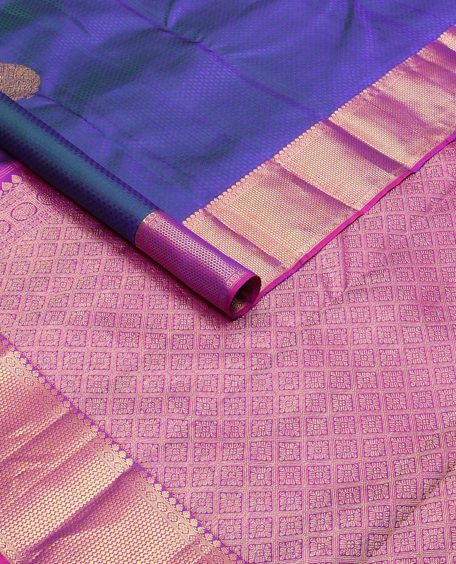 Blue floral design silk saree with contrast zari design border & argyle design pallu