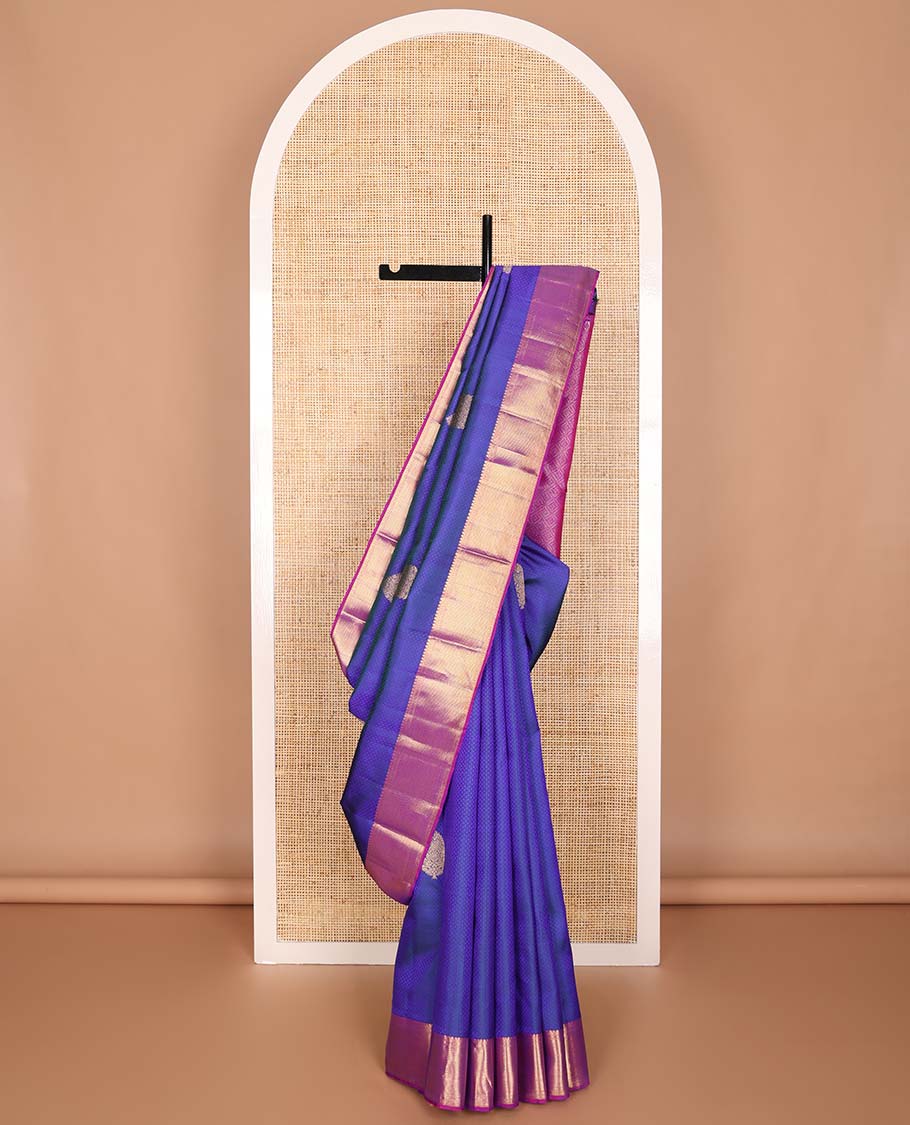 Blue floral design silk saree with contrast zari design border & argyle design pallu