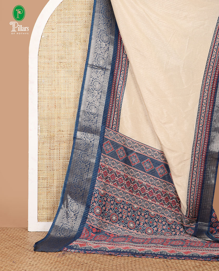 Cream vertical zari striped dola silk saree, contrast blue traditional zari border & intricately Ajrakh printed pallu