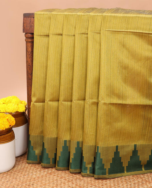 Green semi jute saree with contrast temple border & striped pallu alog with contrast blouse