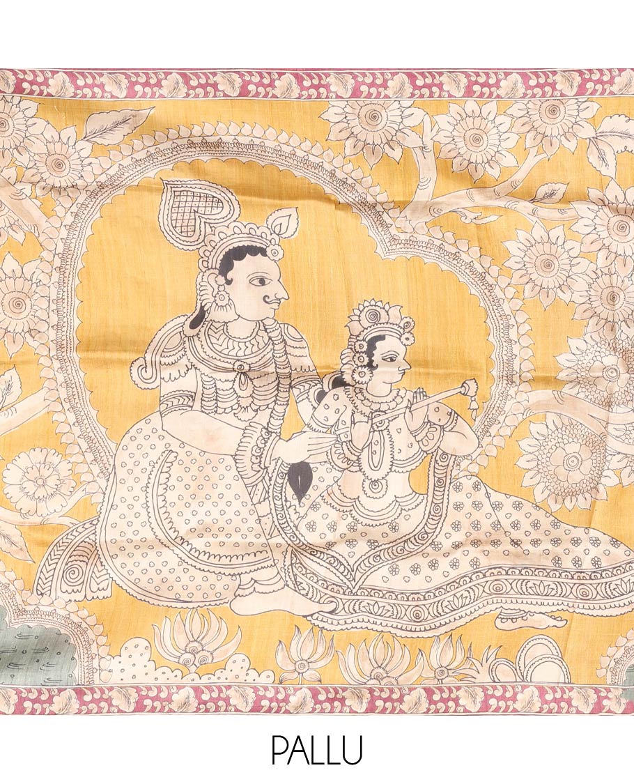 Grey Printed Silk Saree Decked Up with Floral and Ancient Human Motifs Print, Complemented with a Contrast Printed Border, Pallu Beautifully Printed with Lord Krishna and Radha Figurines, and Paired with a Contrast Printed Blouse