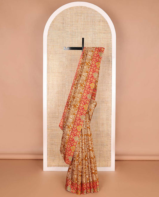 Brown geometric design printed silk saree with ikkat style border & floral ikkat style pallu