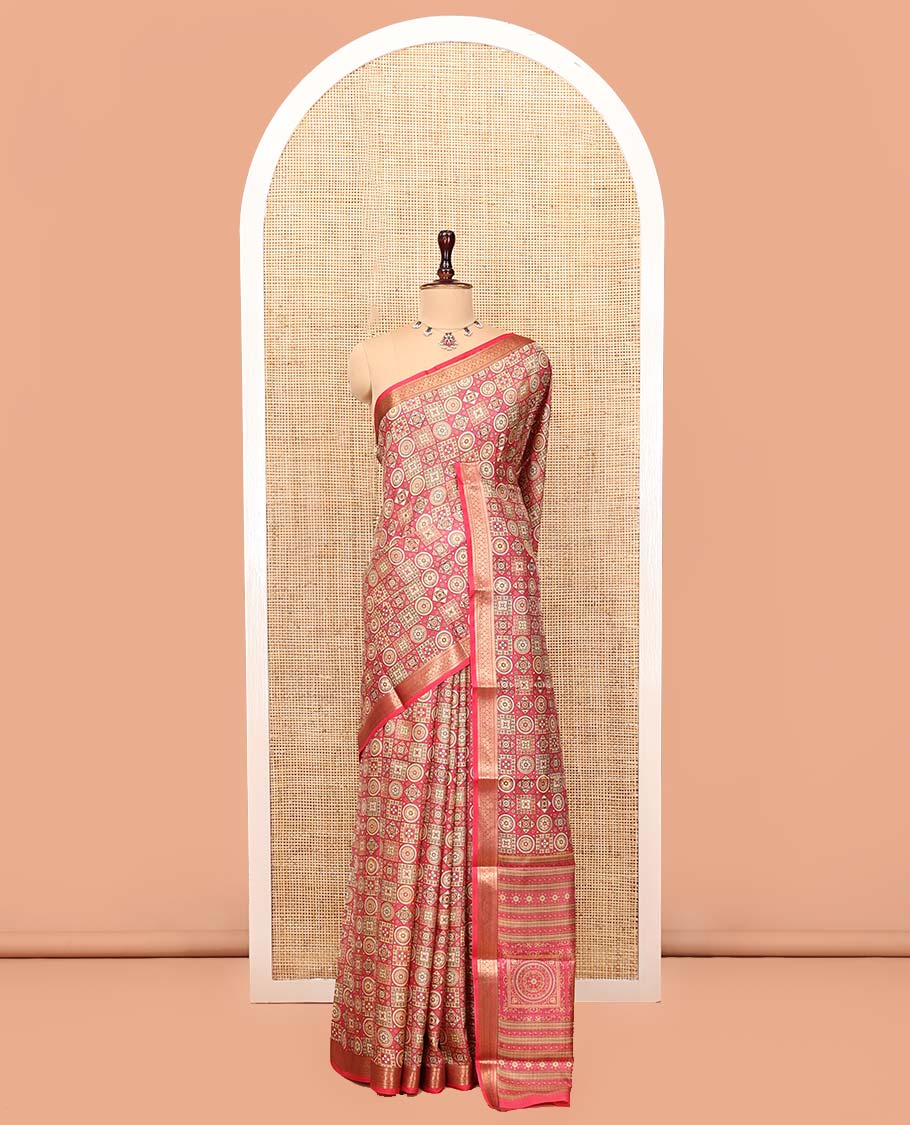Pink Printed Silk Saree, Gracefully Embellished with Geometric Prints, Highlighted by a Traditional Zari Border, Printed Pallu, and a Matching Blouse