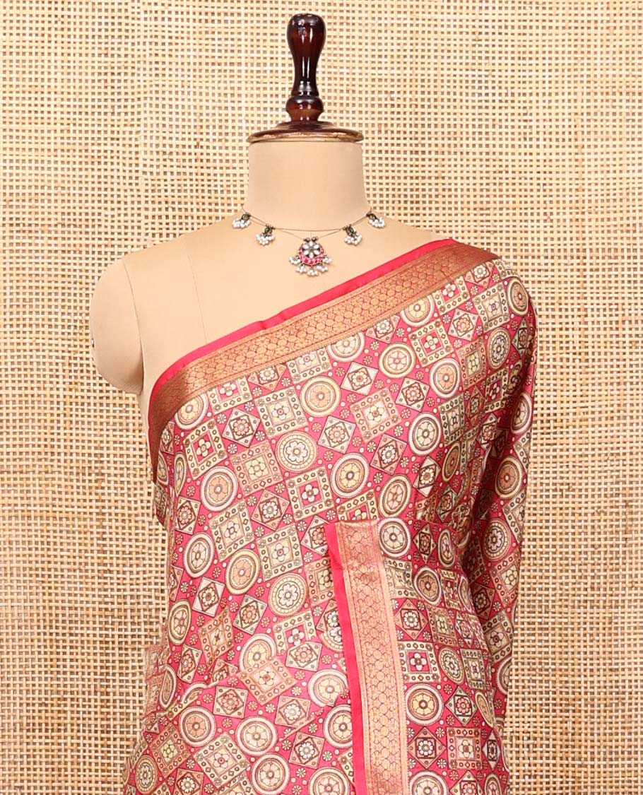 Pink Printed Silk Saree, Gracefully Embellished with Geometric Prints, Highlighted by a Traditional Zari Border, Printed Pallu, and a Matching Blouse
